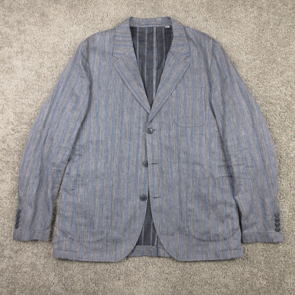 Robert Graham Jacket Mens Large Gray Blue Striped Linen Unstructured Blazer EUC